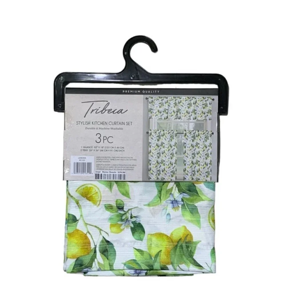 Tribeca Cafe Curtain Set Lemon Print 3 Piece Tier Set Fruit Floral White Yellow